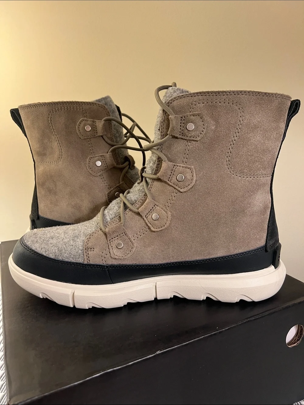 Sorel Taupe Suede and Grey Wool Lace-Up Winter Boots